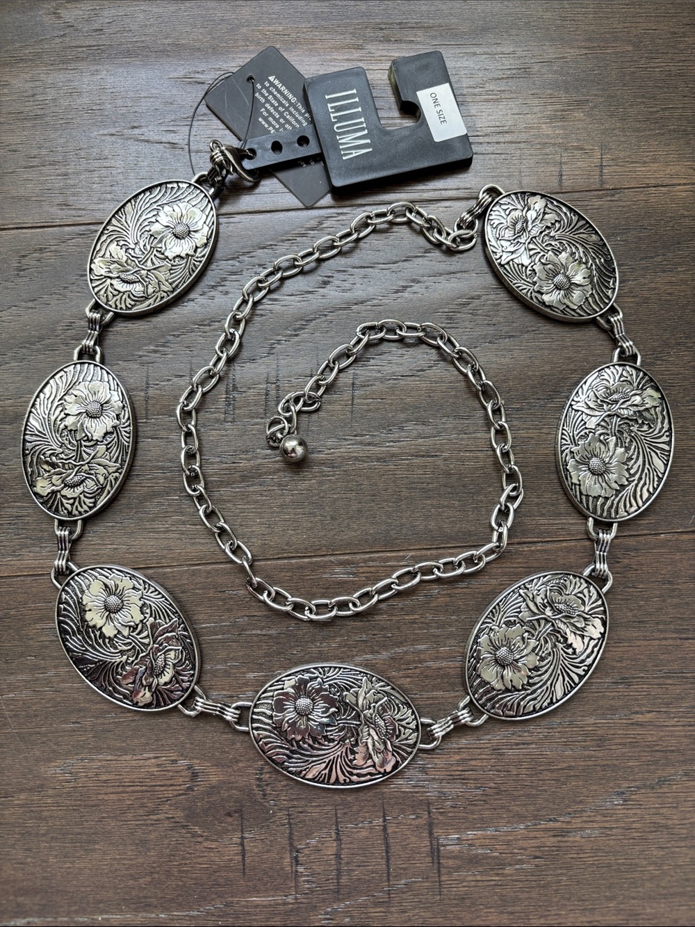 ILLUMA Floral Embossed Concho metal silver tone chain belt,dressy,casual,trendy